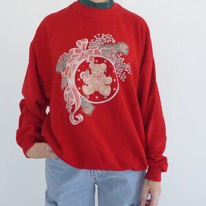Vintage J Macinally Red Teddy Bear Christmas Ornament Holiday Sweatshirt XL